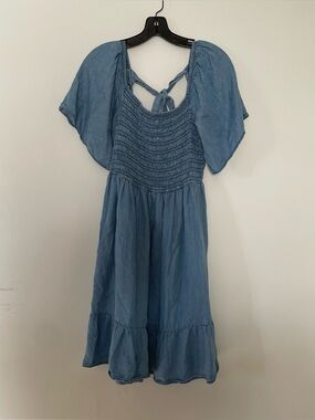Cottagecore Blue Chambray Mini Dress 1X Smocked Flutter Sleeve Boho Western
